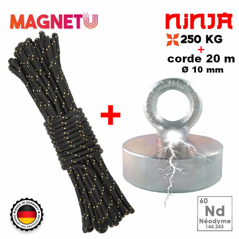 AIMANT NÉODYME START 250 kg ( simple face ) + 1 corde de 20m - Ø 10mm