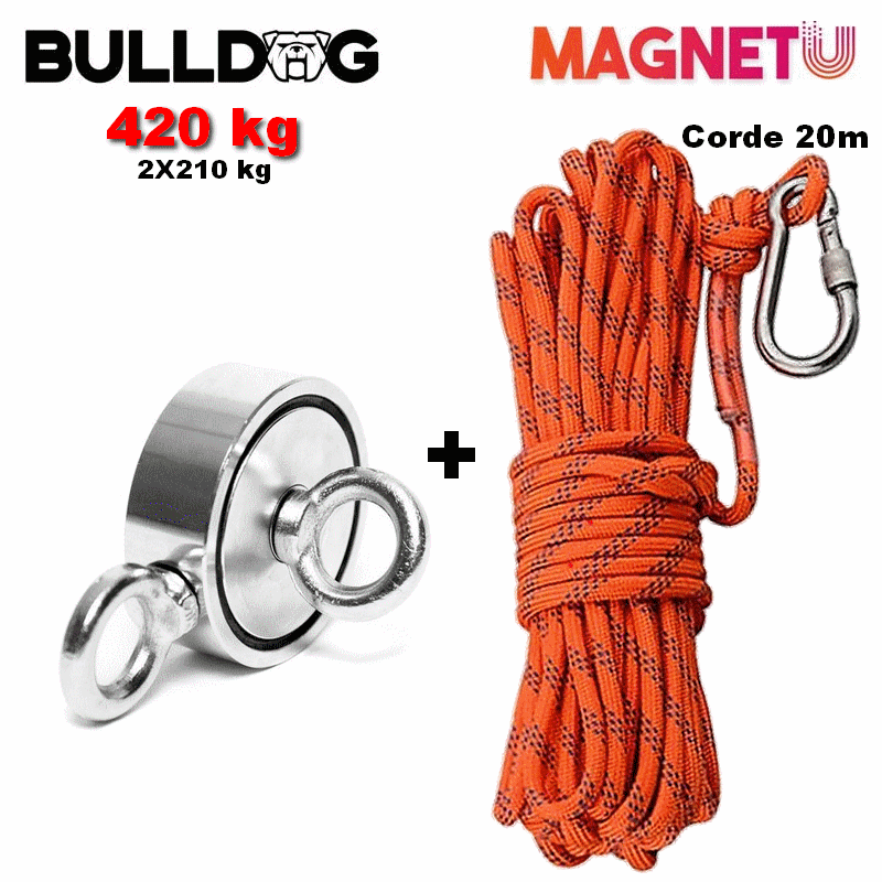 AIMANT NÉODYME BULLDOG 420 KG (2 X 210 KG)  +  1 corde de 20m